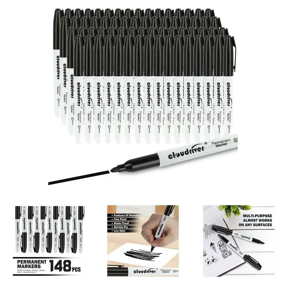 Permanent Markers Set 148 Pack Fine Point Black Waterproof Quick Drying